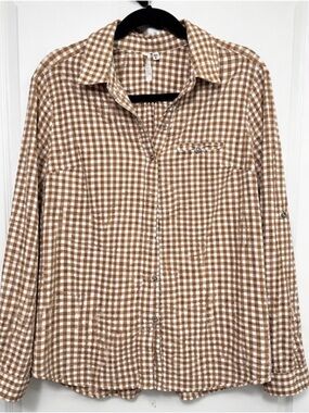 KUT From The Kloth XL Tan White Gingham Button Front Roll Tab Blouse 0071